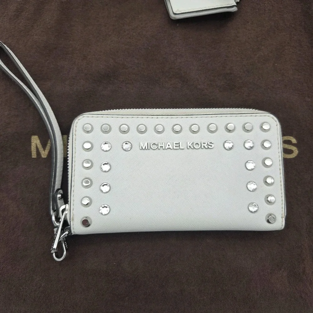 Michael Kors White Saffiano Leath Hamilton Purse Chain Lock W/ Rhinestone Wallet